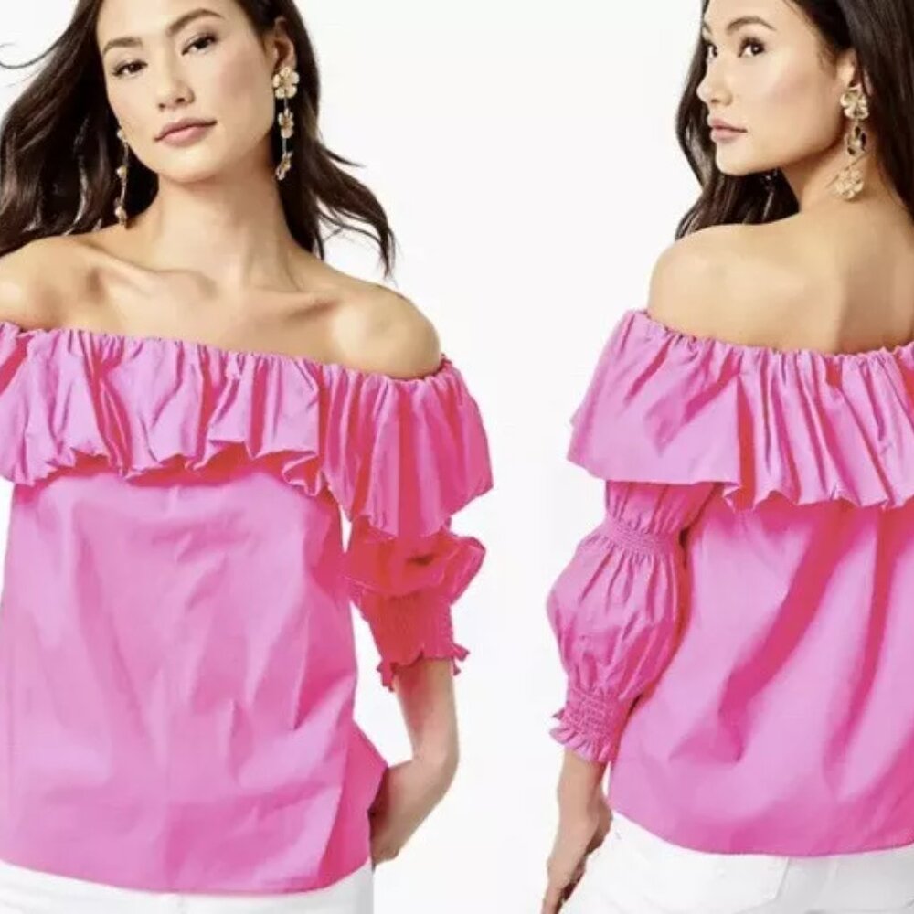 Lilly Pulitzer Beatrix off the shoulder top Plumeria pink sz. MED.  $118 tag NWT - Picture 2 of 8